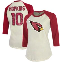 Women's Majestic Threads DeAndre Hopkins Cream/Cardinal Arizona Cardinals Player Raglan Name & Number 3/4-Sleeve T-Shirt