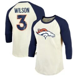 Men's Majestic Threads Russell Wilson Cream/Navy Denver Broncos Name & Number Raglan 3/4 Sleeve T-Shirt