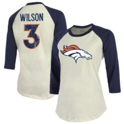 Women's Majestic Threads Russell Wilson Cream/Navy Denver Broncos Name & Number Raglan 3/4 Sleeve T-Shirt