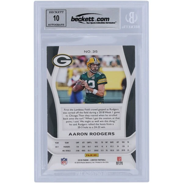 Aaron Rodgers Green Bay Packers Autographed 2018 Panini Limited Gold Spotlight #35 #32/49 Beckett Fanatics Witnessed Authenticated 10 Card 4 Aaron Rodgers Green Bay Packers Autographed 2018 Panini Limited Gold Spotlight #35 #32/49 Beckett Fanatics Witnessed Authenticated 10 Card - Image 2