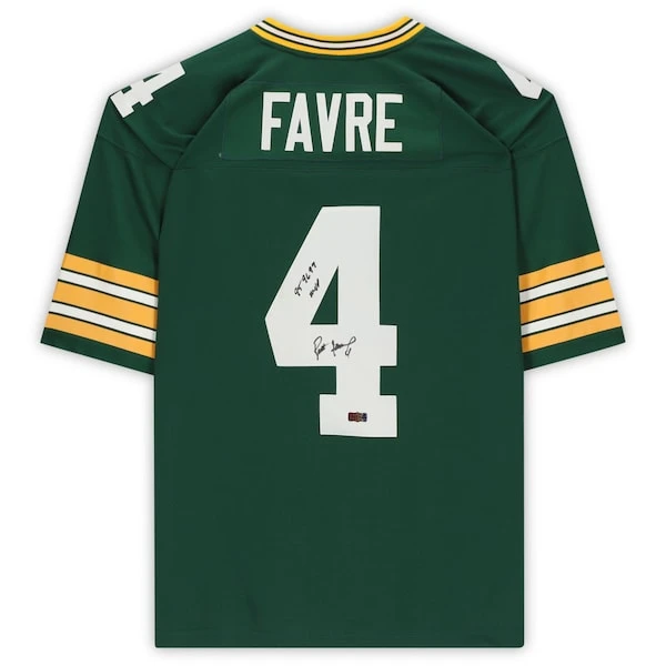 Brett Favre Green Bay Packers Autographed Green Mitchell & Ness Replica Jersey With "95 96 97 MVP" Inscription 4 Brett Favre Green Bay Packers Autographed Green Mitchell & Ness Replica Jersey With "95 96 97 MVP" Inscription - Image 2