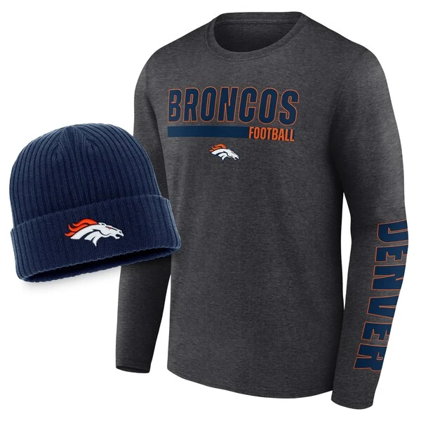Men's Fanatics Branded Heather Charcoal/Navy Denver Broncos Long Sleeve T-Shirt & Cuffed Knit Hat Combo Set 3 Men's Fanatics Branded Heather Charcoal/Navy Denver Broncos Long Sleeve T-Shirt & Cuffed Knit Hat Combo Set