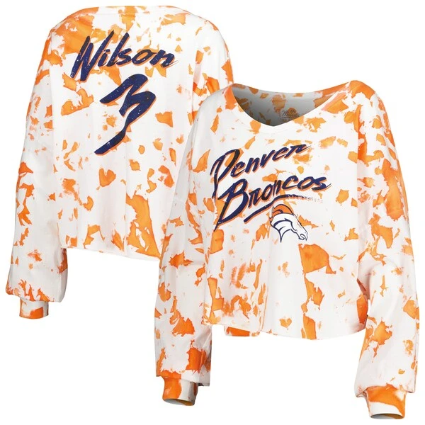 Women's Majestic Threads Russell Wilson White/Orange Denver Broncos Off-Shoulder Tie-Dye Name & Number Cropped Long Sleeve V-Neck T-Shirt 3 Women's Majestic Threads Russell Wilson White/Orange Denver Broncos Off-Shoulder Tie-Dye Name & Number Cropped Long Sleeve V-Neck T-Shirt
