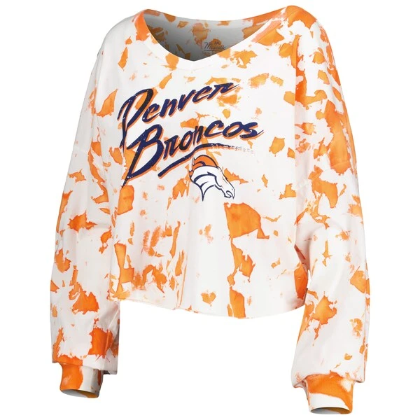 Women's Majestic Threads Russell Wilson White/Orange Denver Broncos Off-Shoulder Tie-Dye Name & Number Cropped Long Sleeve V-Neck T-Shirt 4 Women's Majestic Threads Russell Wilson White/Orange Denver Broncos Off-Shoulder Tie-Dye Name & Number Cropped Long Sleeve V-Neck T-Shirt - Image 2