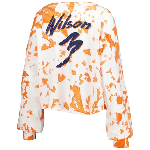 Women's Majestic Threads Russell Wilson White/Orange Denver Broncos Off-Shoulder Tie-Dye Name & Number Cropped Long Sleeve V-Neck T-Shirt 5 Women's Majestic Threads Russell Wilson White/Orange Denver Broncos Off-Shoulder Tie-Dye Name & Number Cropped Long Sleeve V-Neck T-Shirt - Image 3