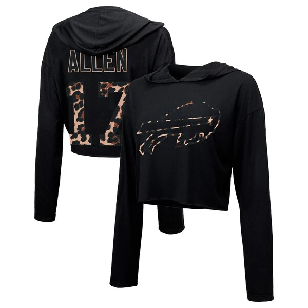 Women's Majestic Threads Josh Allen Black Buffalo Bills Leopard Player Name & Number Long Sleeve Cropped Hoodie 3 Women's Majestic Threads Josh Allen Black Buffalo Bills Leopard Player Name & Number Long Sleeve Cropped Hoodie