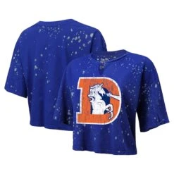 Women's Majestic Threads Royal Denver Broncos Bleach Splatter Notch Neck Crop T-Shirt